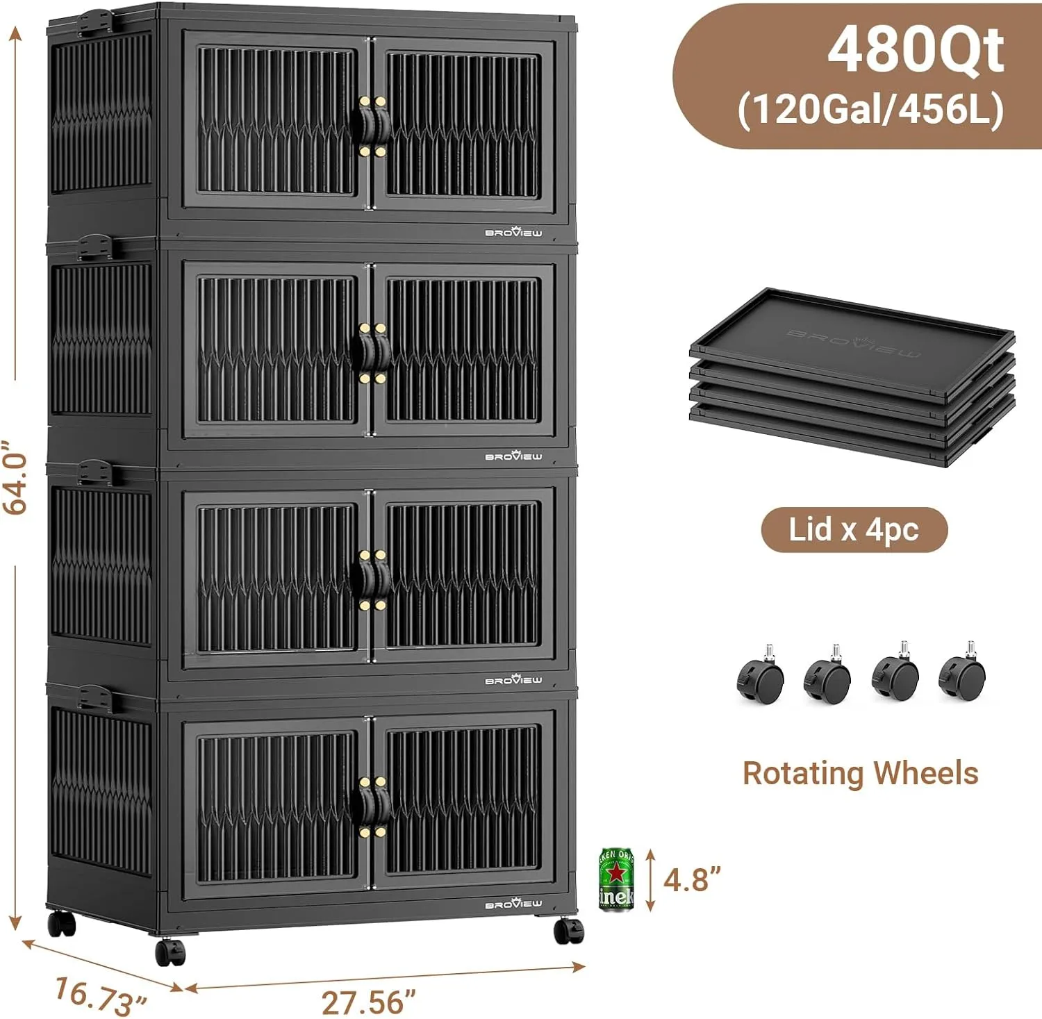 480 Qt Stackable Storage Bins with Lids, Plastic Closet Organizers and Storage Drawer, Collapsible Storage Box with Wheels, Folding Storage Cabinet for Closet Clothes Organization, 4Pack Black