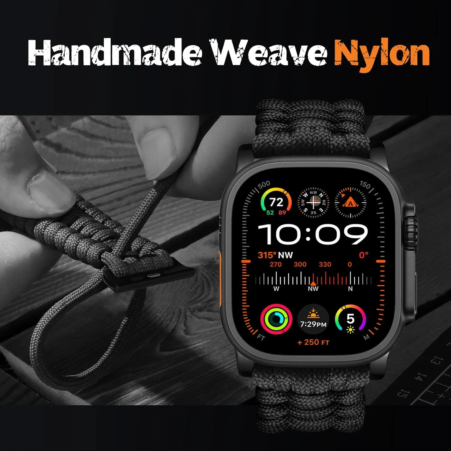 550 Paracord Band Compatible with Apple Watch Bands for Men - Rugged Survival Nylon Strap Braided for iWatch Ultra 2 Bands for Men 49mm, Series 10 46mm 9/8/7 45mm SE2/6/SE/5/4 44mm 3/2/1 42mm, Black