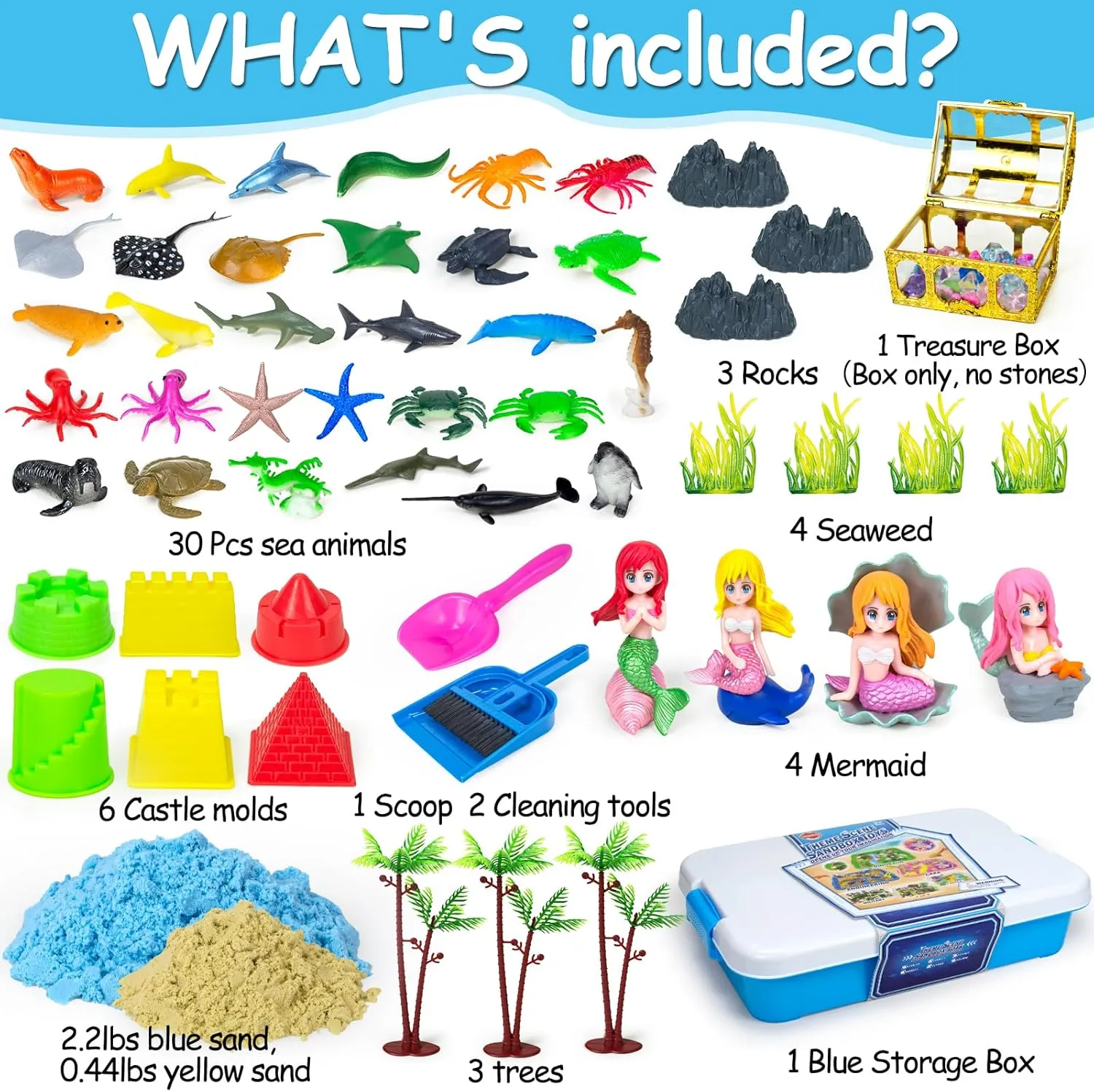 57Pcs Mermaid Sensory Bin Toys, Ocean Sensory Sandbox for Kids Ages 3 4 5 6 7 8 with 2.64lbs Magic Sand, Castle Moulds, 4 Mermaids, 30 Sea Animals- Toddlers Play Sand Art Kits Birthday Gift