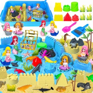 57Pcs Mermaid Sensory Bin Toys, Ocean Sensory Sandbox for Kids Ages 3 4 5 6 7 8 with 2.64lbs Magic Sand, Castle Moulds, 4 Mermaids, 30 Sea Animals- Toddlers Play Sand Art Kits Birthday Gift