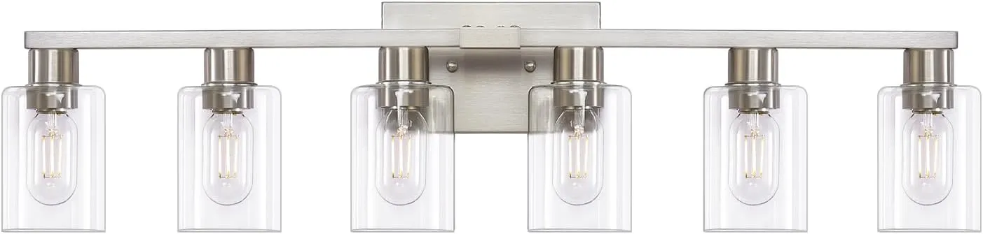 6 Light Bathroom Light Fixtures, Bathroom Vanity Light with Clear Glass, Brushed Nickel Bathroom Lighting Fixtures over Mirror, Large Vanity Lights for Bathroom, Vanity Lights for Mirror, Wall Sconce