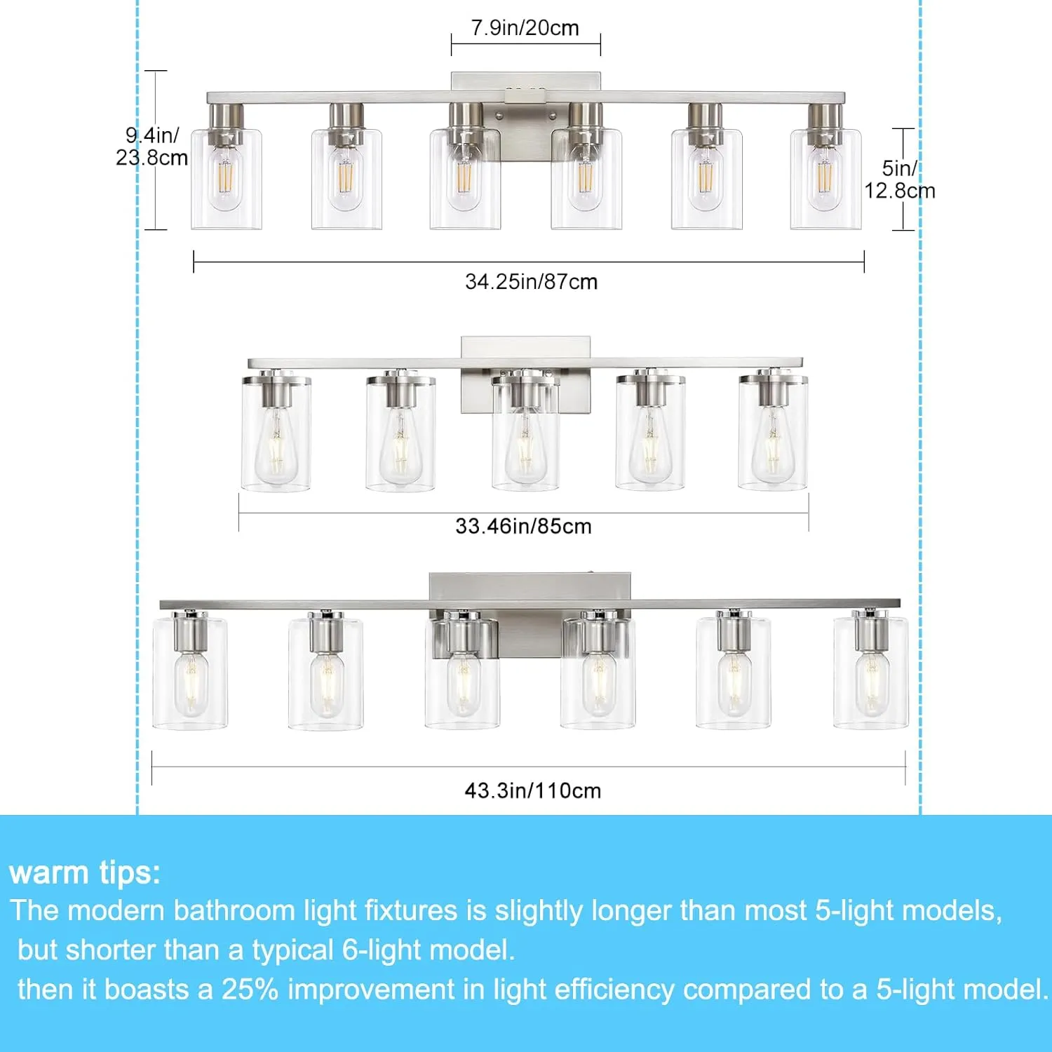 6 Light Bathroom Light Fixtures, Bathroom Vanity Light with Clear Glass, Brushed Nickel Bathroom Lighting Fixtures over Mirror, Large Vanity Lights for Bathroom, Vanity Lights for Mirror, Wall Sconce
