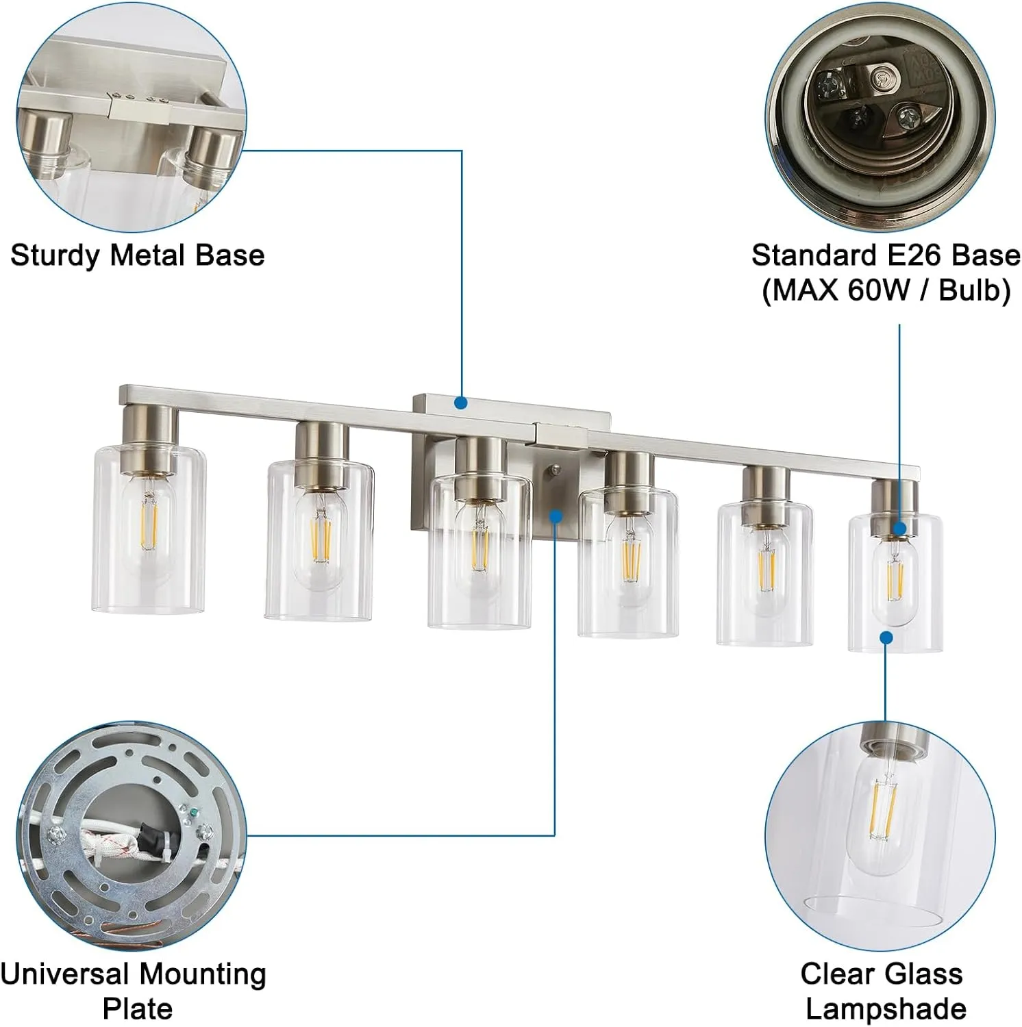 6 Light Bathroom Light Fixtures, Bathroom Vanity Light with Clear Glass, Brushed Nickel Bathroom Lighting Fixtures over Mirror, Large Vanity Lights for Bathroom, Vanity Lights for Mirror, Wall Sconce