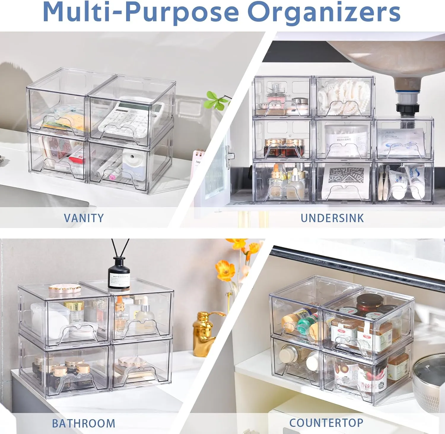 6 Pack Stackable Storage Drawers, Acrylic Bathroom Makeup Organizer and Storage,Clear Plastic Pull Out Drawers for Vanity, Undersink, Kitchen Cabinet, Pantry Organization and Storage