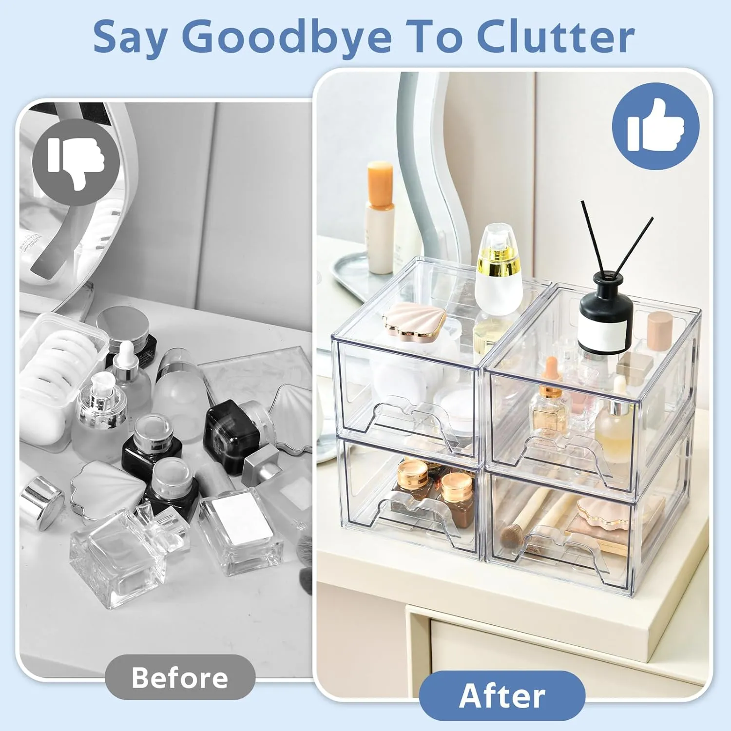 6 Pack Stackable Storage Drawers, Acrylic Bathroom Makeup Organizer and Storage,Clear Plastic Pull Out Drawers for Vanity, Undersink, Kitchen Cabinet, Pantry Organization and Storage