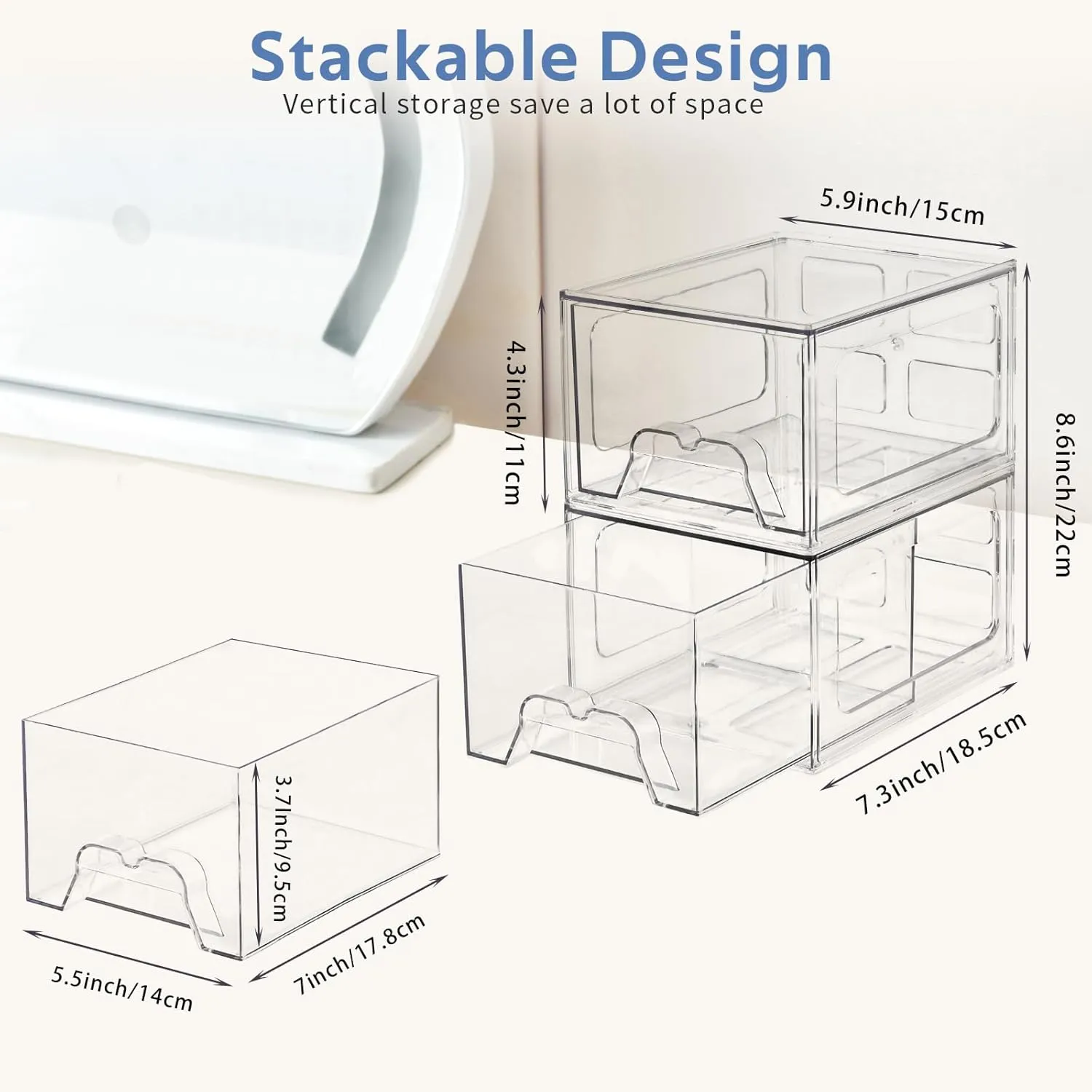 6 Pack Stackable Storage Drawers, Acrylic Bathroom Makeup Organizer and Storage,Clear Plastic Pull Out Drawers for Vanity, Undersink, Kitchen Cabinet, Pantry Organization and Storage
