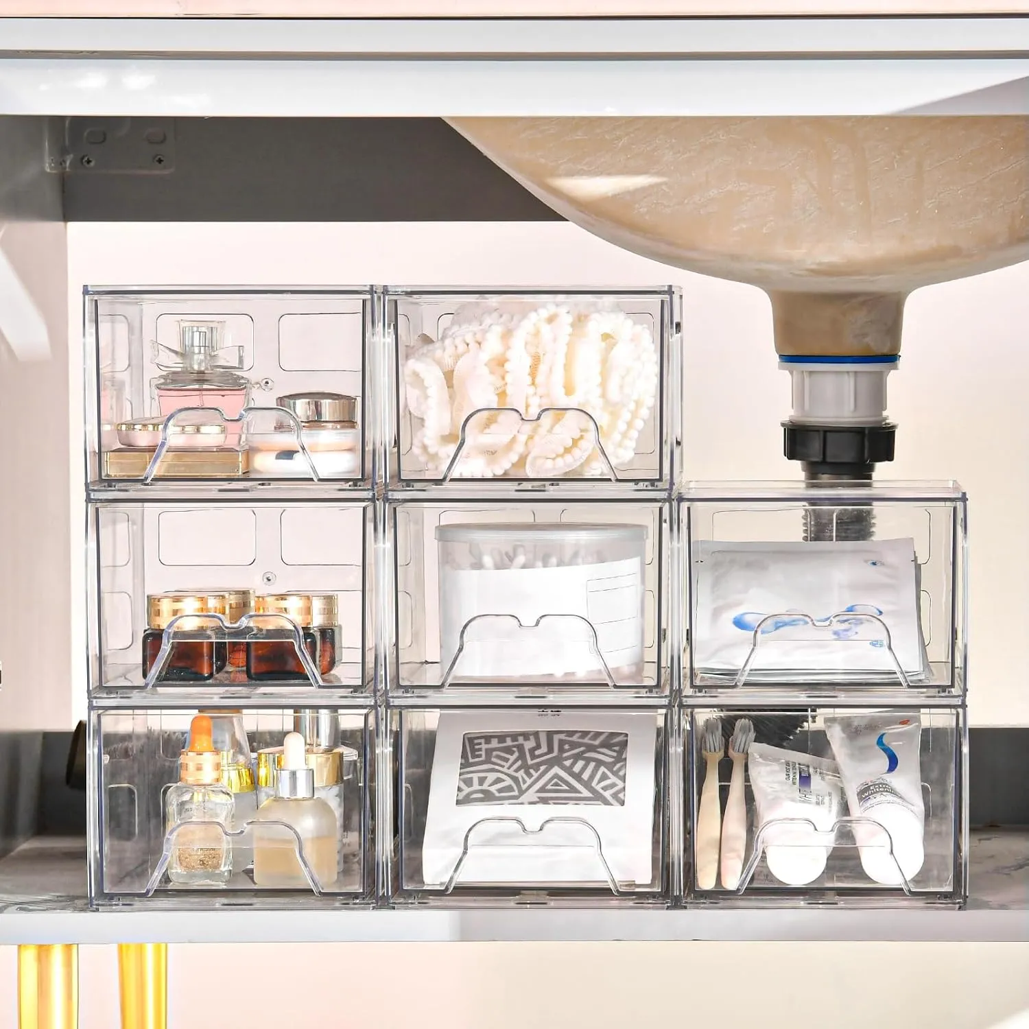 6 Pack Stackable Storage Drawers, Acrylic Bathroom Makeup Organizer and Storage,Clear Plastic Pull Out Drawers for Vanity, Undersink, Kitchen Cabinet, Pantry Organization and Storage