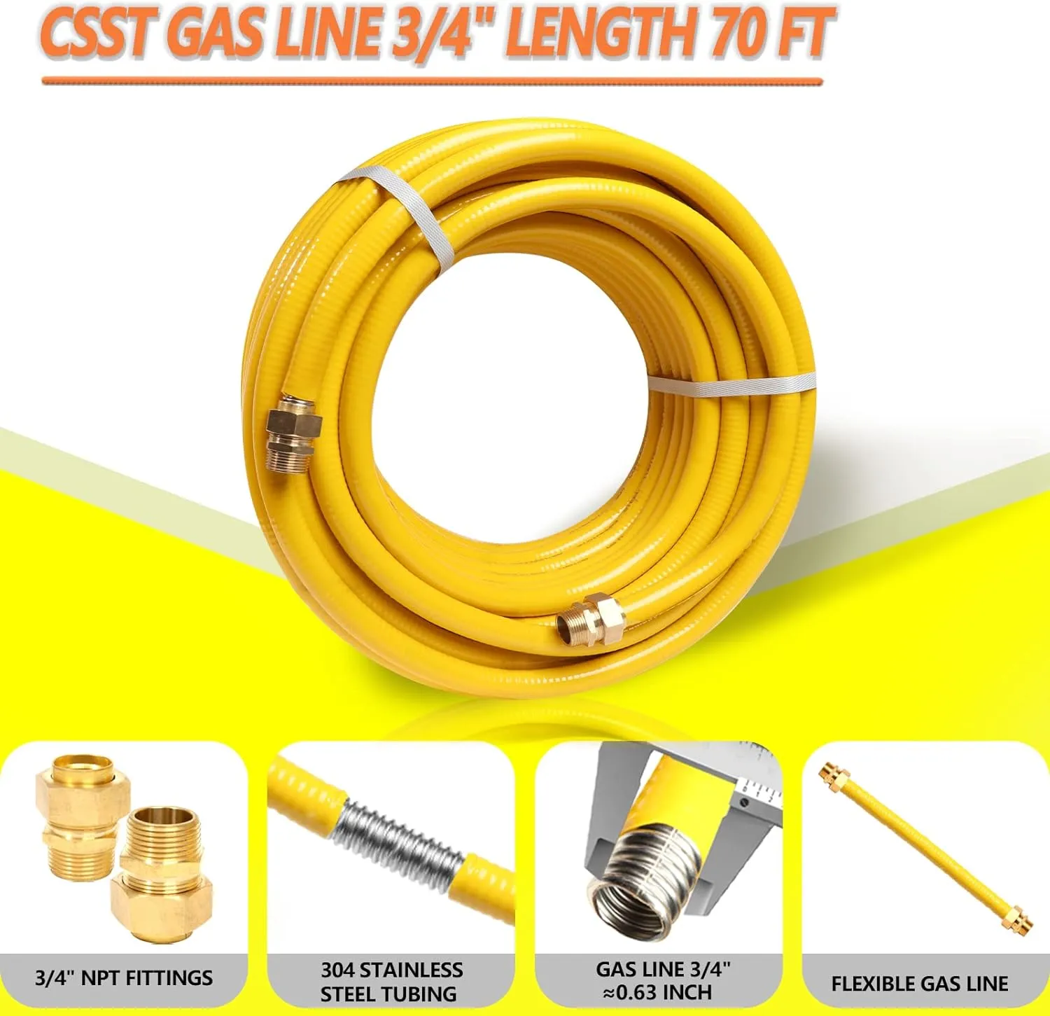 70ft 3/4'' Flexible Gas Line, CSST Corrugated Stainless Steel Tubing Pipe Kit, Natural Gas Line Propane Pipe Conversion Kit Grill Hose with 2 Male Adapter Fittings (70ft 3/4'')