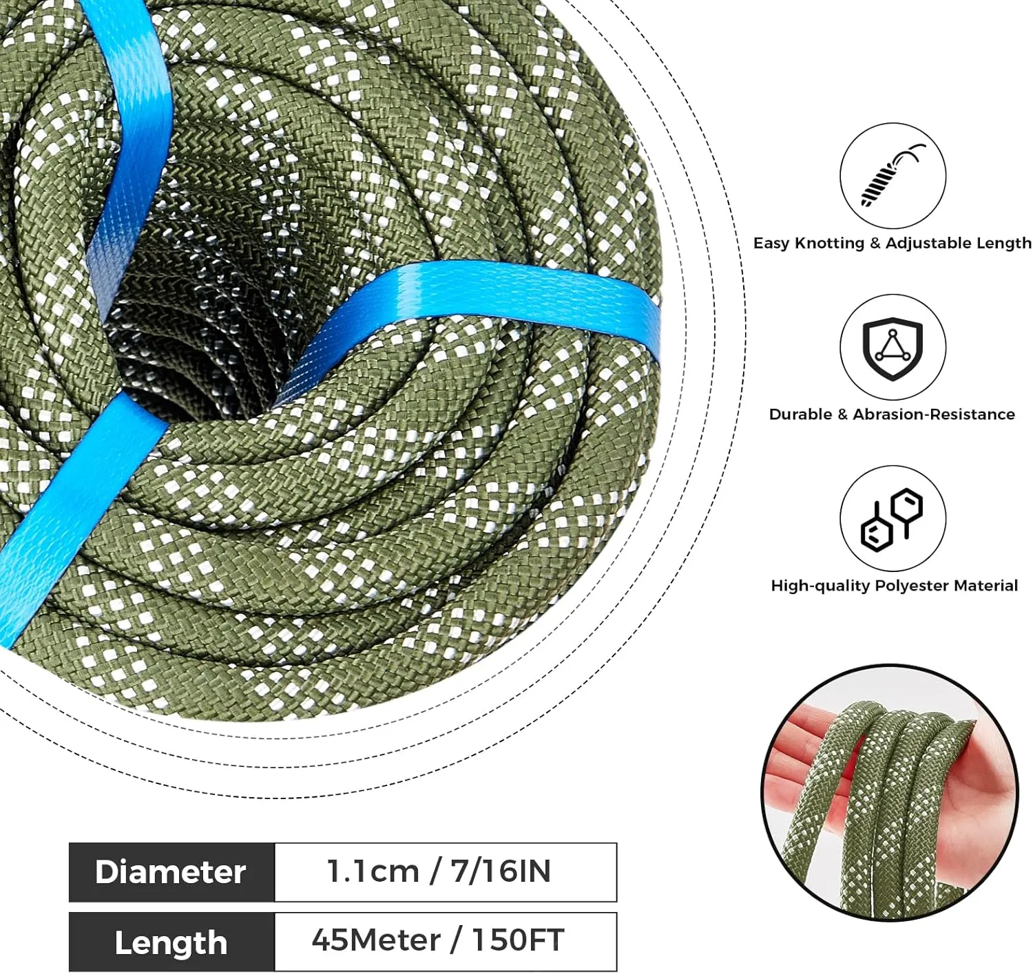 7/16 Inch 150ft Double Braided Polyester Arborist Rope, Heavy Duty Nylon Rope for Anchor, Tree Work, Cargo, Pulling, Sailing(ArmyGreen)