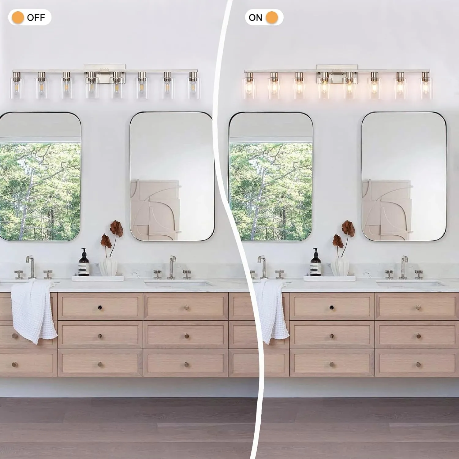 8 Light Bathroom Vanity Light, Modern Large Brushed Nickel Vanity Lights Fixtures, Farmhouse Bathroom Lighting Fixture Over Mirror with Clear Glass Shade for Mirror, Bedroom, Living Room, Wall Lamp