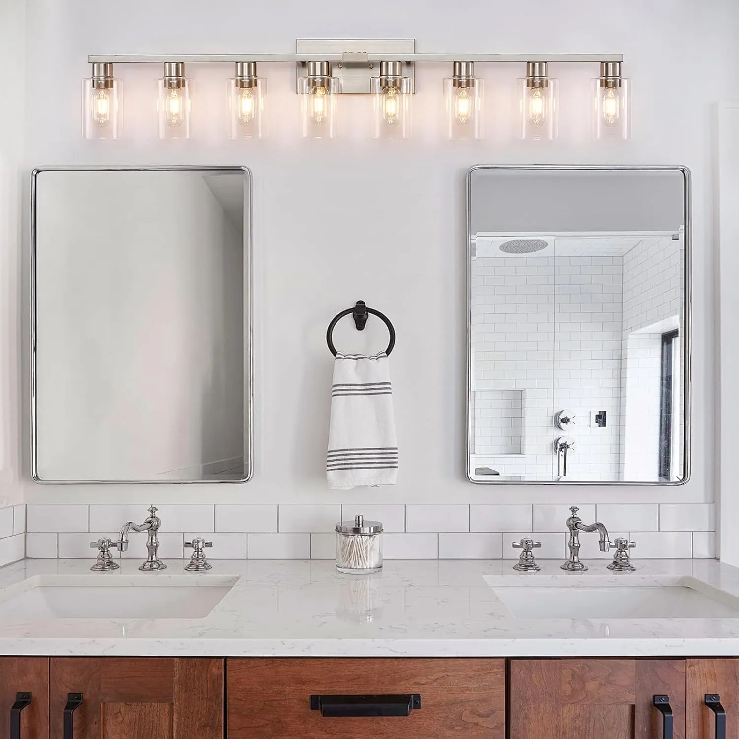 8 Light Bathroom Vanity Light, Modern Large Brushed Nickel Vanity Lights Fixtures, Farmhouse Bathroom Lighting Fixture Over Mirror with Clear Glass Shade for Mirror, Bedroom, Living Room, Wall Lamp