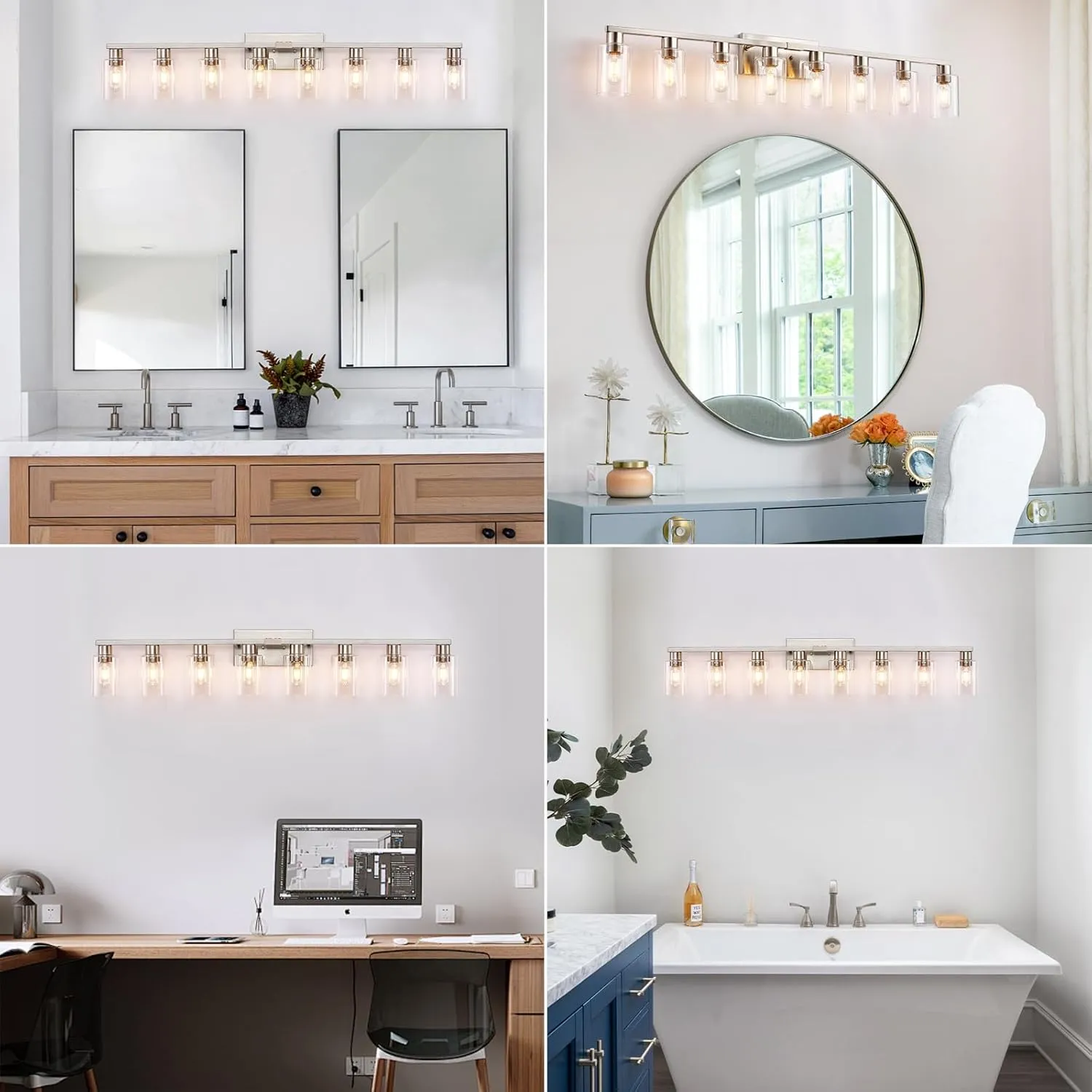 8 Light Bathroom Vanity Light, Modern Large Brushed Nickel Vanity Lights Fixtures, Farmhouse Bathroom Lighting Fixture Over Mirror with Clear Glass Shade for Mirror, Bedroom, Living Room, Wall Lamp