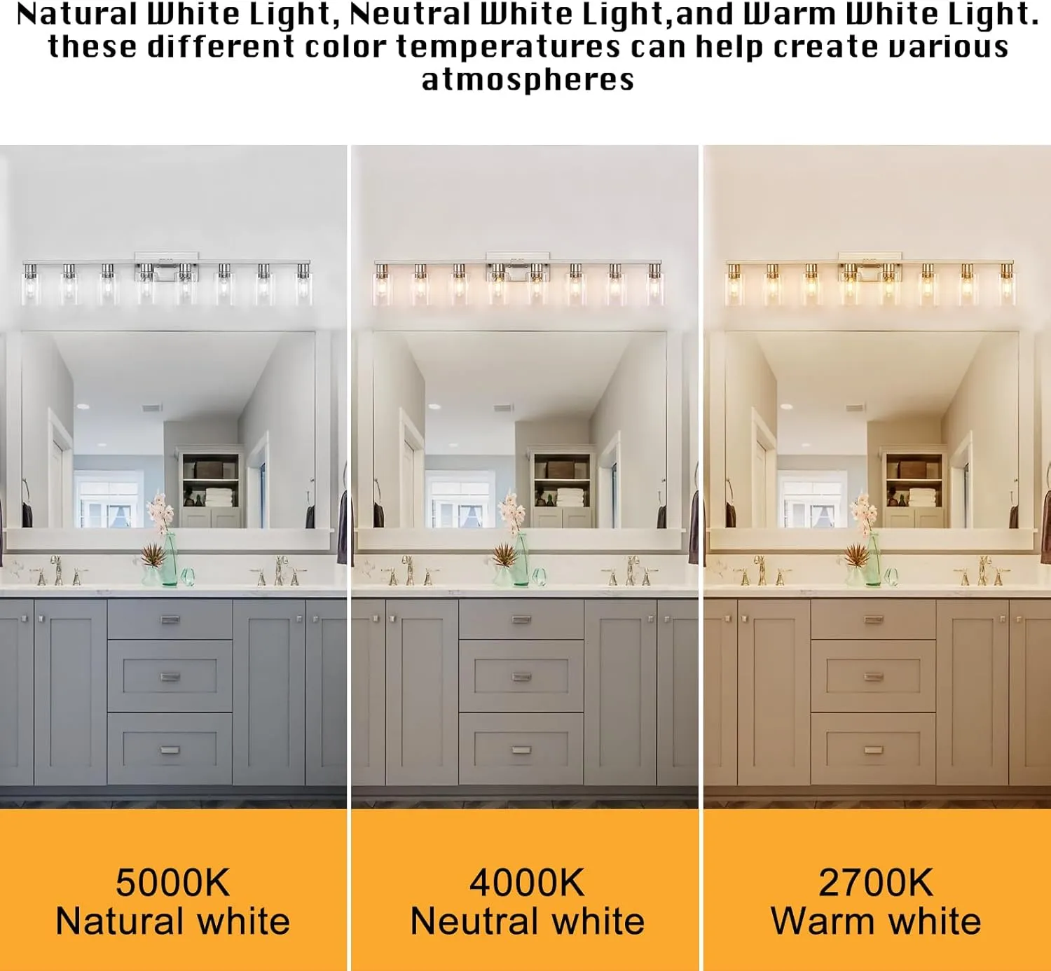 8 Light Bathroom Vanity Light, Modern Large Brushed Nickel Vanity Lights Fixtures, Farmhouse Bathroom Lighting Fixture Over Mirror with Clear Glass Shade for Mirror, Bedroom, Living Room, Wall Lamp