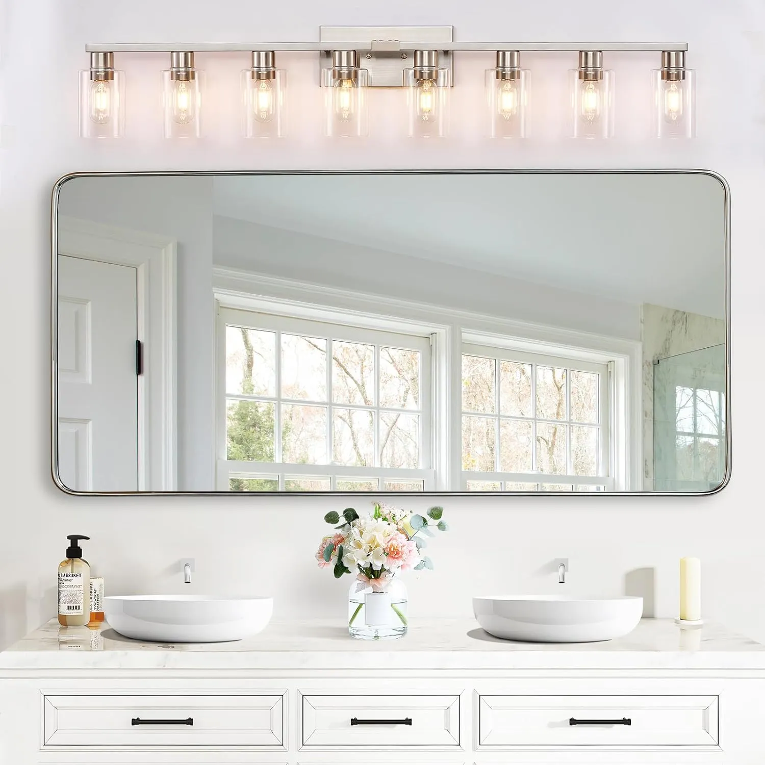 8 Light Bathroom Vanity Light, Modern Large Brushed Nickel Vanity Lights Fixtures, Farmhouse Bathroom Lighting Fixture Over Mirror with Clear Glass Shade for Mirror, Bedroom, Living Room, Wall Lamp
