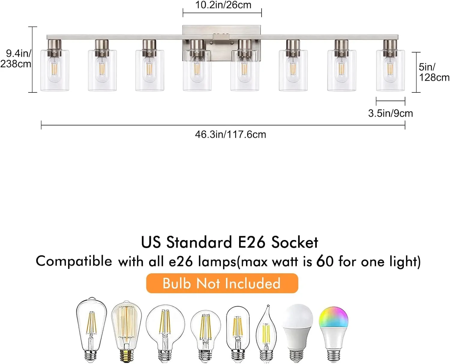 8 Light Bathroom Vanity Light, Modern Large Brushed Nickel Vanity Lights Fixtures, Farmhouse Bathroom Lighting Fixture Over Mirror with Clear Glass Shade for Mirror, Bedroom, Living Room, Wall Lamp