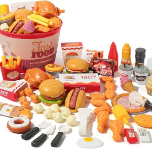 80 Pcs Pretend Play Food Toy for Kids Kitchen Aged 3 4 5, Fast Food Set with Storage Bucket, Pizza, Burger, Ice Cream, Hot Dog, Educational Birthday Toy Gift for Boys Girls