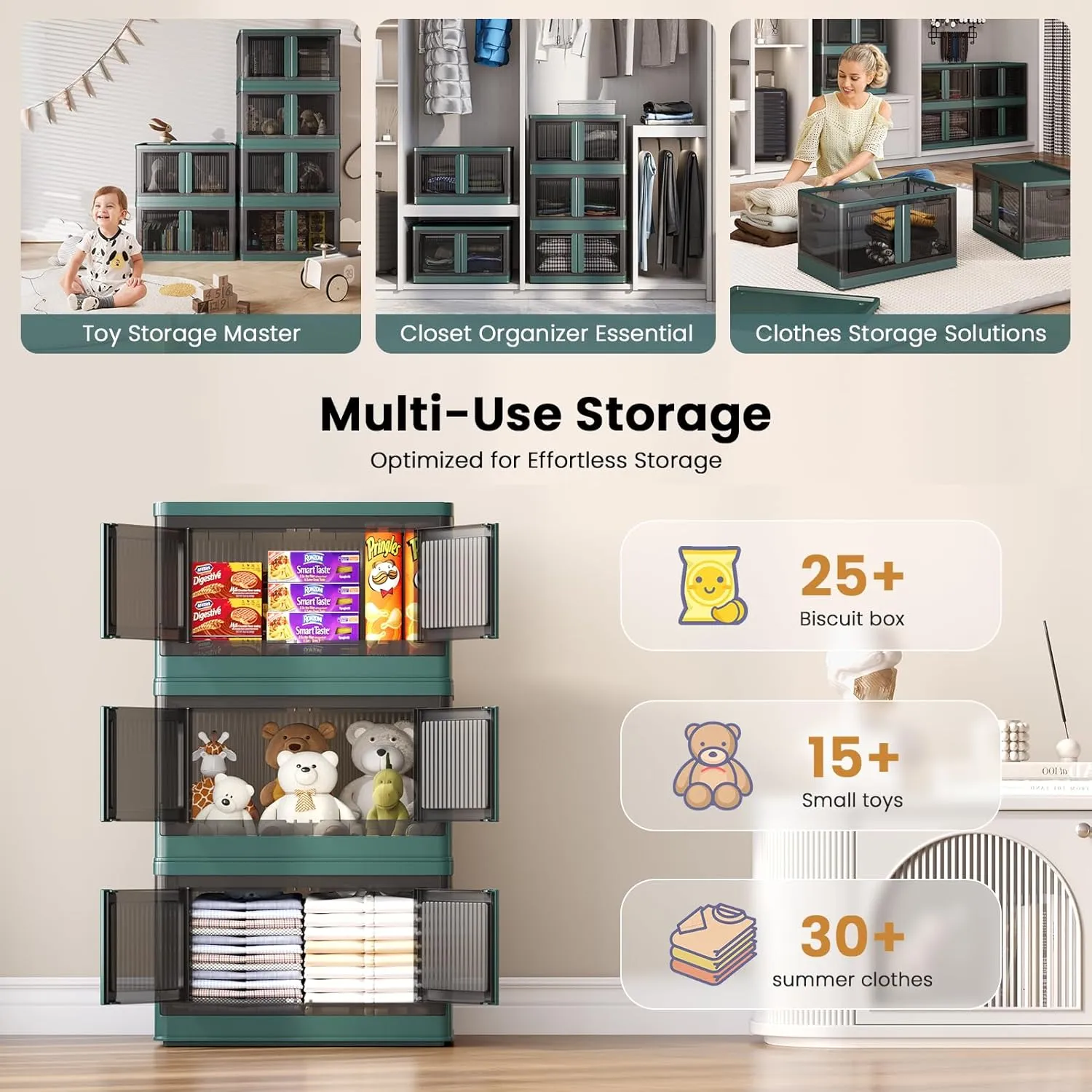 8.4Gal Collapsible Storage Bins with Lids & Wheels - 2 Pack Stackable with Doors, Heavy-Duty Plastic Containers for Home/Office, Green