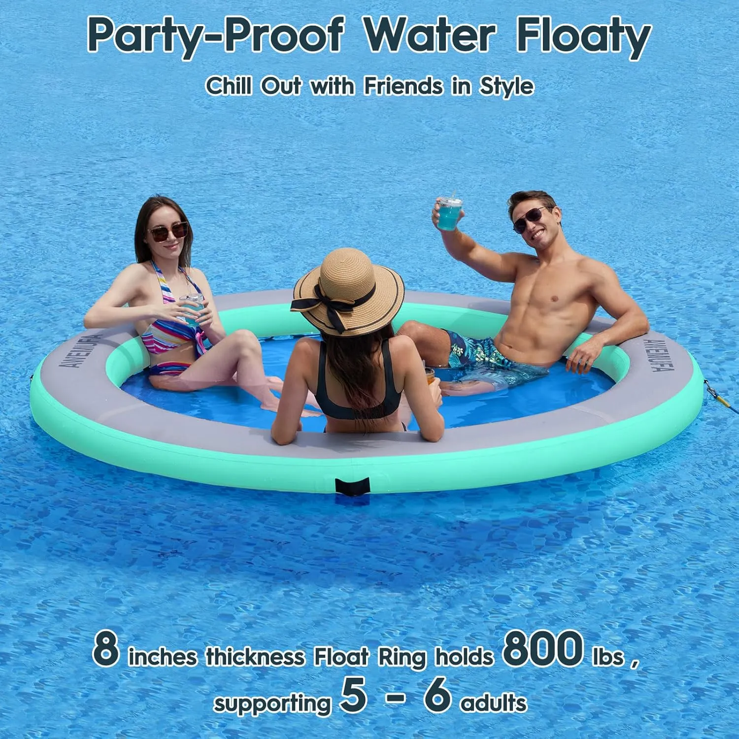 8ft Water Hammock 8 inches Thick Round Float Ring with Mesh Lake Floats for Adults Heavy Duty Circle Floating Mat for Pool Inflatable Water Raft for Summer Parties