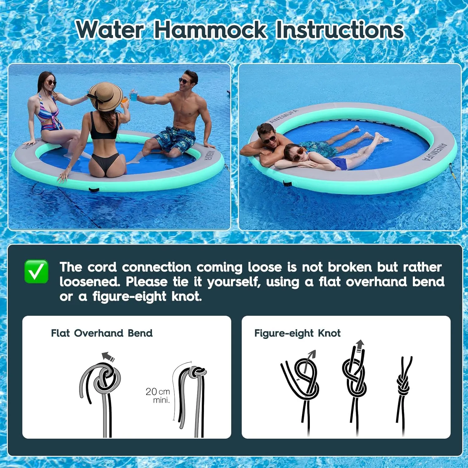 8ft Water Hammock 8 inches Thick Round Float Ring with Mesh Lake Floats for Adults Heavy Duty Circle Floating Mat for Pool Inflatable Water Raft for Summer Parties