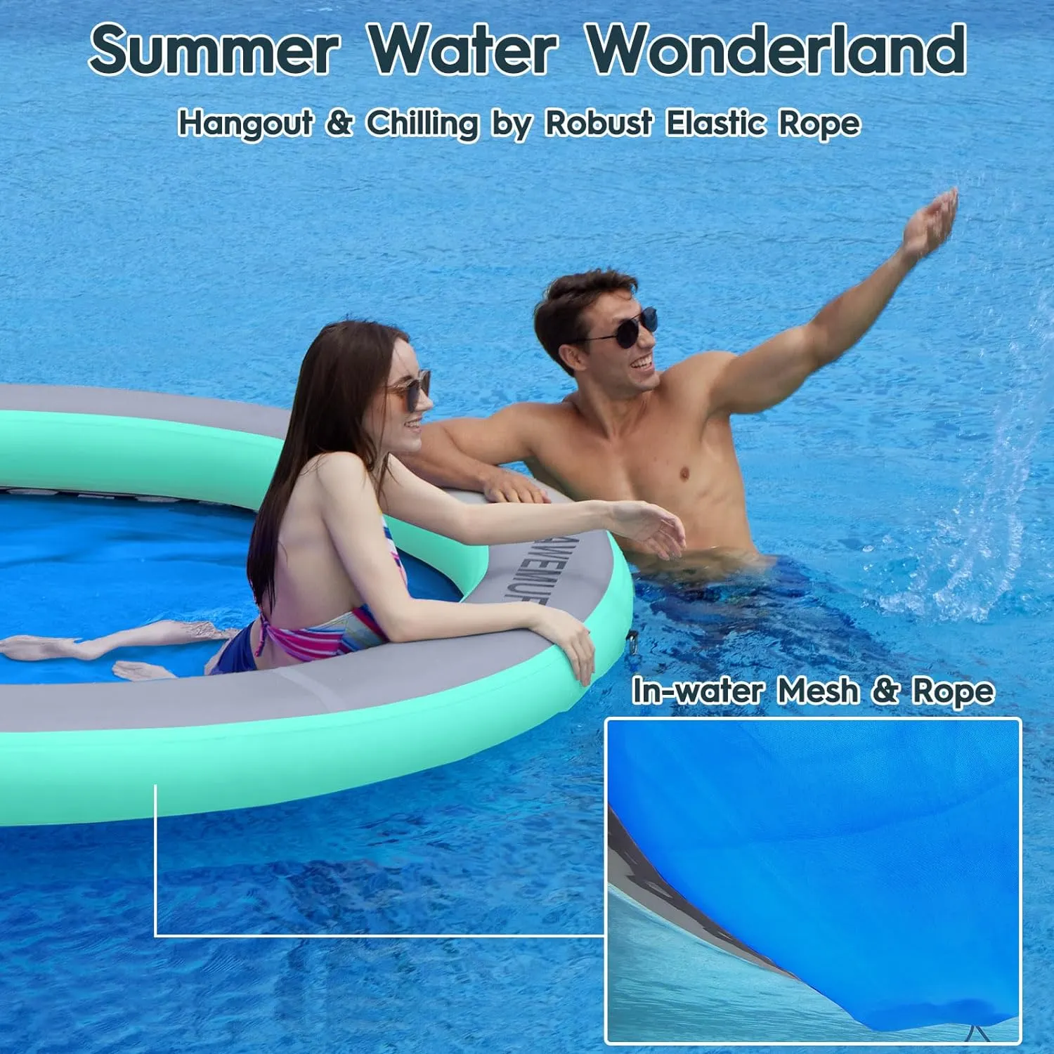 8ft Water Hammock 8 inches Thick Round Float Ring with Mesh Lake Floats for Adults Heavy Duty Circle Floating Mat for Pool Inflatable Water Raft for Summer Parties
