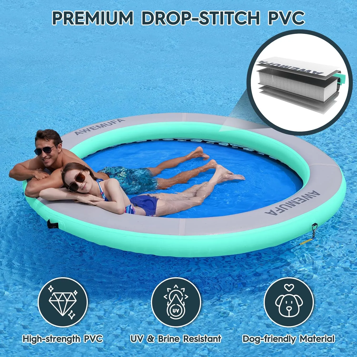 8ft Water Hammock 8 inches Thick Round Float Ring with Mesh Lake Floats for Adults Heavy Duty Circle Floating Mat for Pool Inflatable Water Raft for Summer Parties