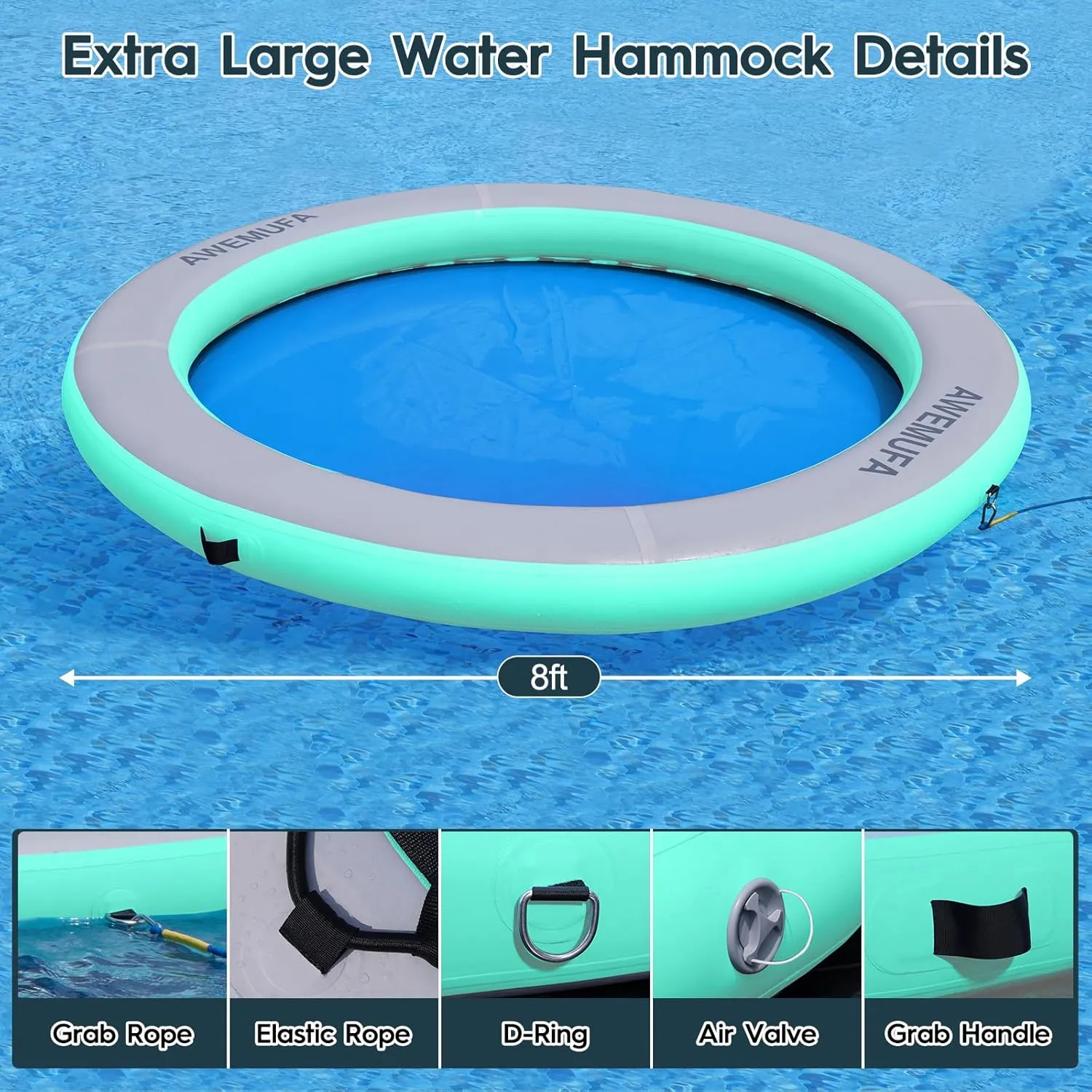 8ft Water Hammock 8 inches Thick Round Float Ring with Mesh Lake Floats for Adults Heavy Duty Circle Floating Mat for Pool Inflatable Water Raft for Summer Parties