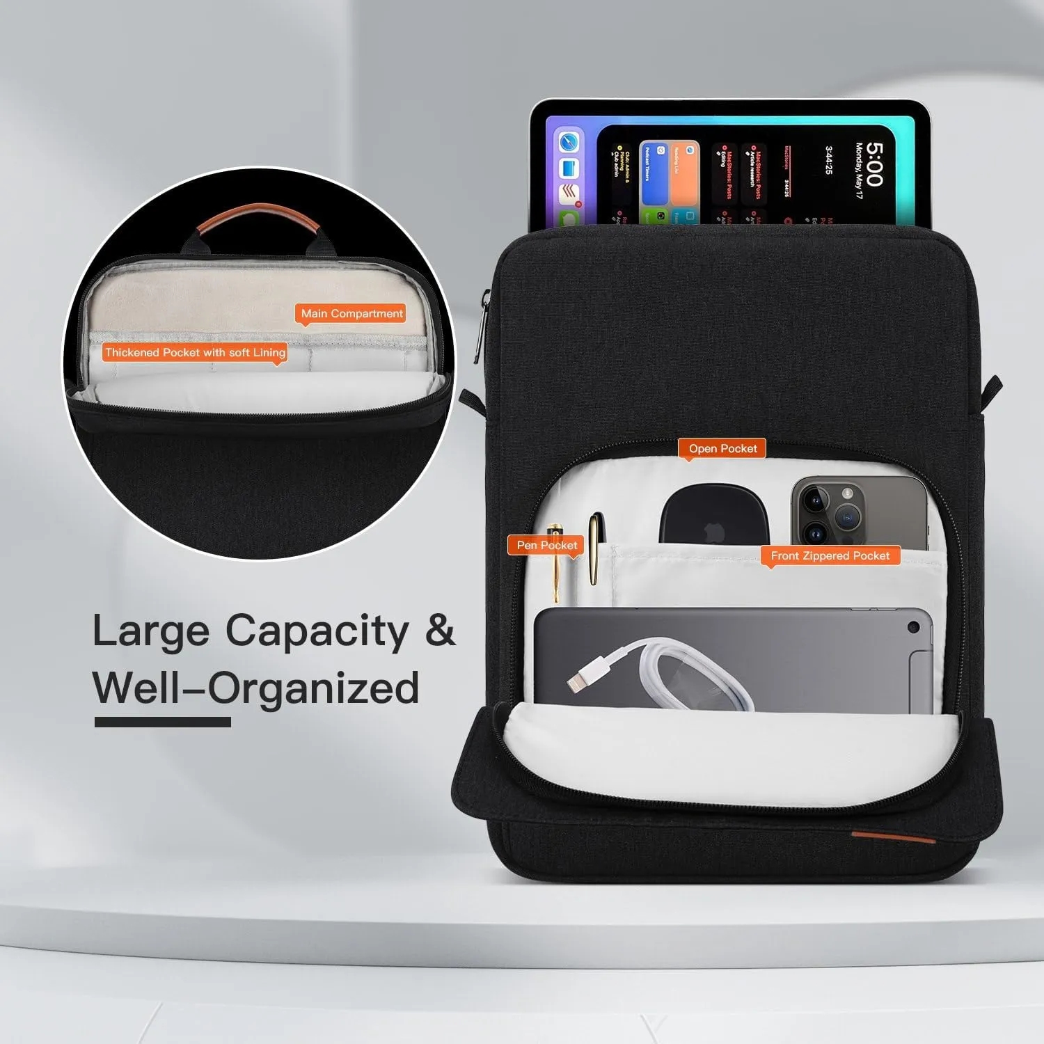 9-11 Inch Tablet Sleeve iPad Carrying Bag for 11 inch iPad Pro M4 /11 inch iPad Air M3 M2, Samsung Galaxy Tab S9  Plus/S9 FE  12.4", Fire Max 11/ HD 10", iPad 11th Case with Strap, Black