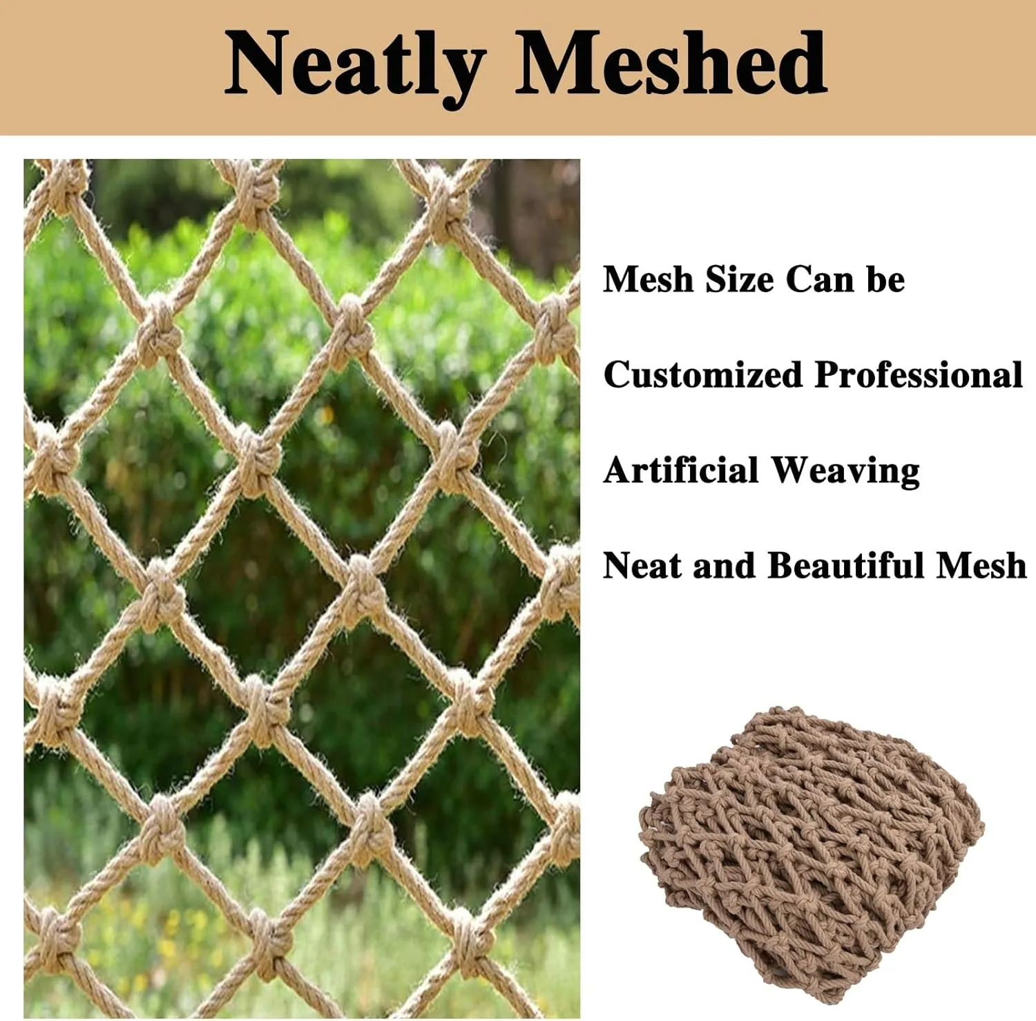 (9.8x19.7ft) Safety Rope Net, Jute Hemp Climbing Netting, Outdoor Tree House Climbing Safety Stair Balcony Loft Railing Protect, Rope Fence, Climbing Cargo Net (10mm-12cm)