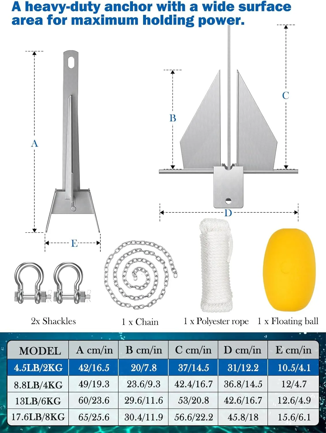 Abimars Boat Anchor Kit, 4 Sizes Fluke Anchor with Float, Chain, Rope, Hot-Dipped Galvanized Steel Anchor for Watercraft Up to 38FT
