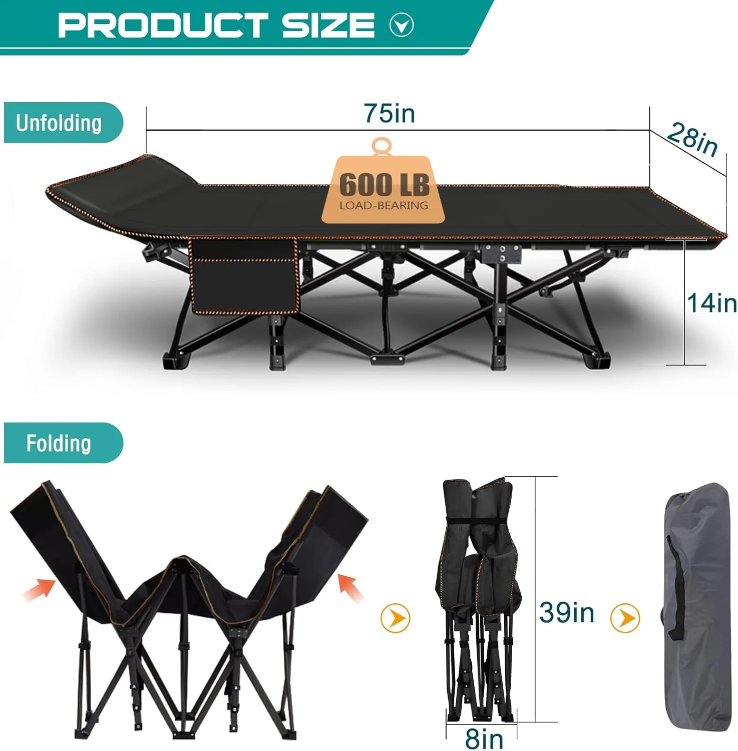 ABORON 2PK Folding Camping Cot for Adults, Double Layer 1200D, 500lb Capacity, Heavy Duty Guest Cot with Mat & Carrying Bag for Indoor & Outdoor Use