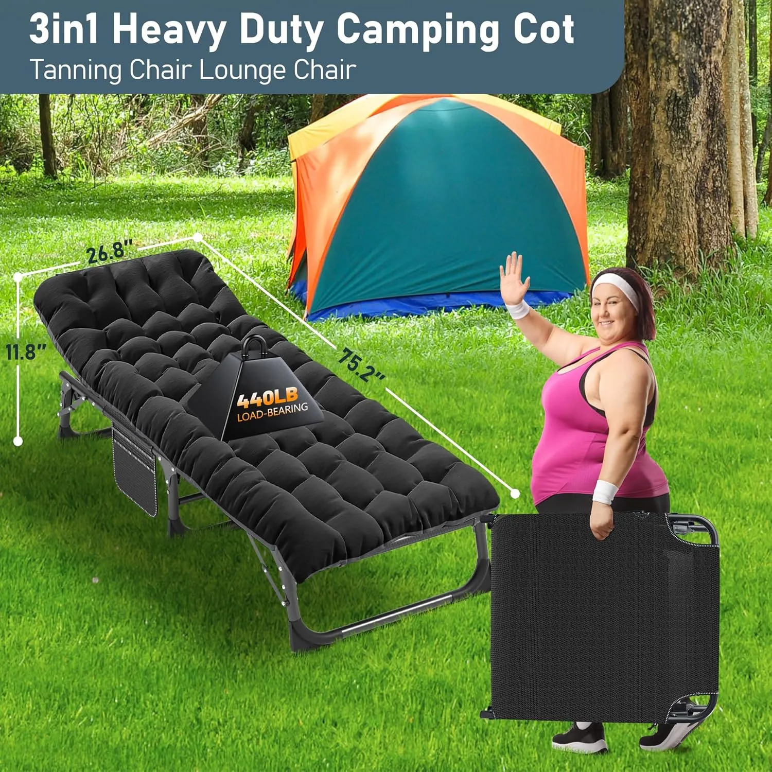 ABORON 2PK Folding Camping Cot for Adults, Heavy Duty 3-in-1 Bed for Guest Sleeping, Adjustable Double-Layer 1200D with Mattress & Carrying Bag for Home, Office, Vacation, Hospital Use