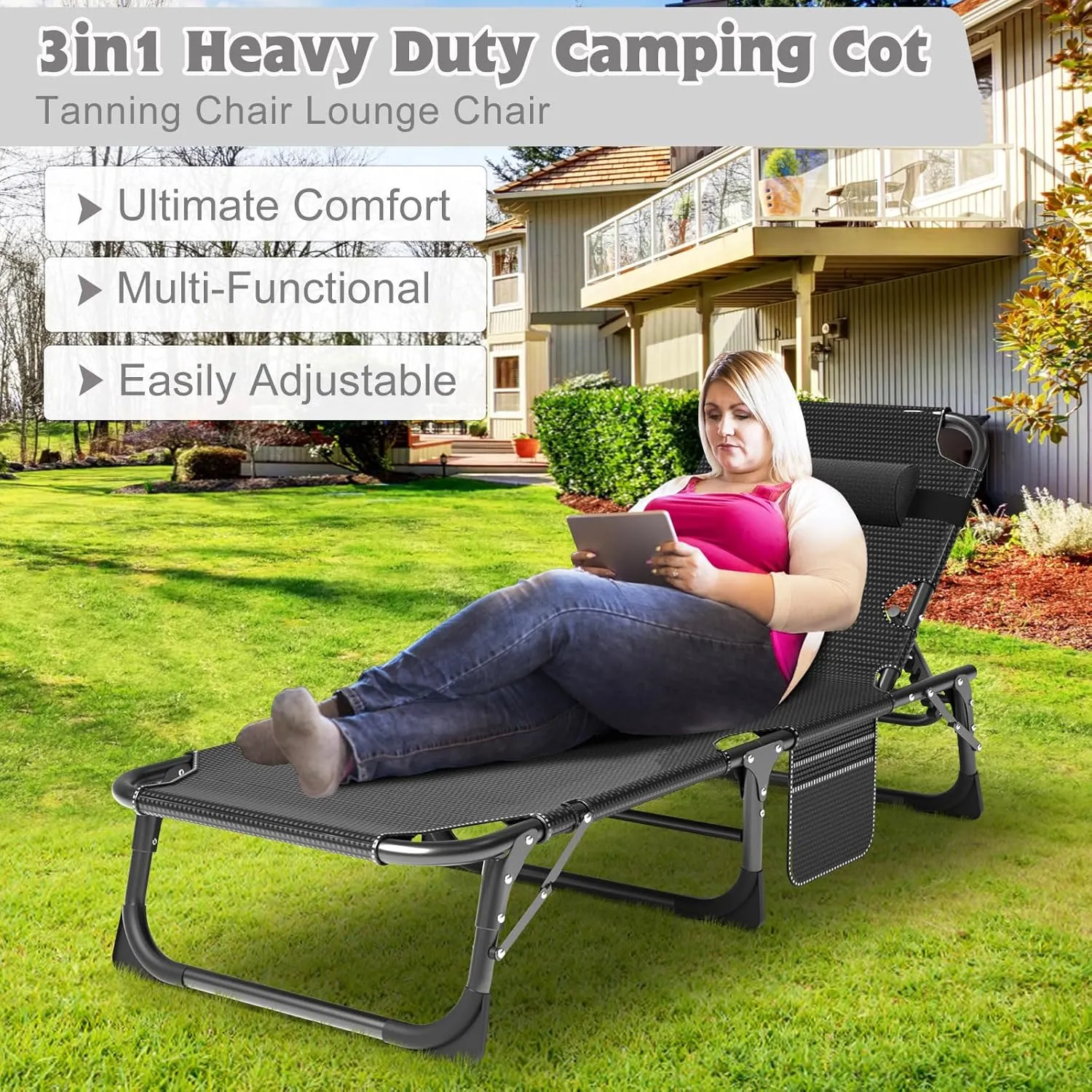 ABORON 5 Positions Camping Cots for Adults,Outdoor Folding Sleeping Cot/Mat,Folding Chaise Lounge Chair with Pillow,Portable Reclining Chair for Beach Lawn Camping Pool,Sunbathing Chairs