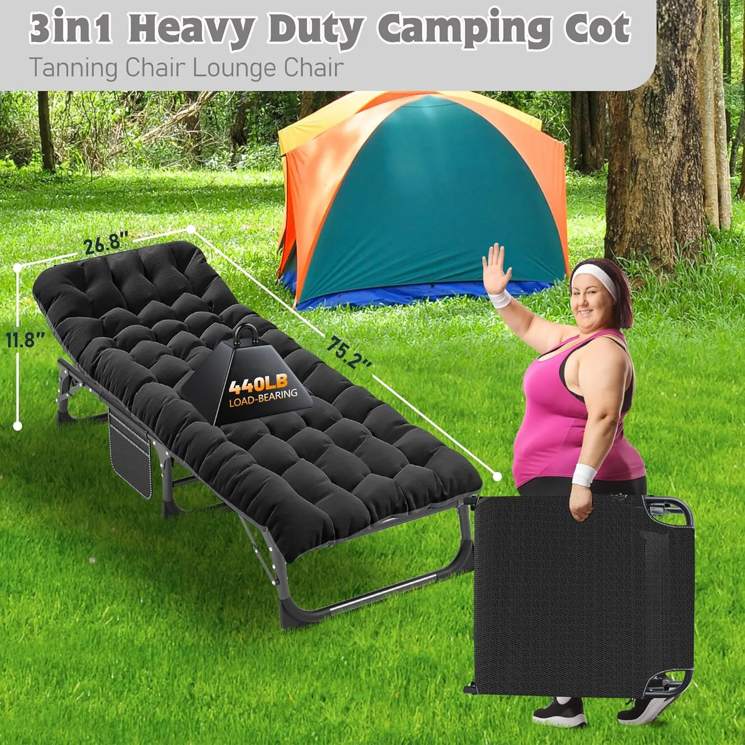 ABORON 5 Positions Camping Cots for Adults,Outdoor Folding Sleeping Cot/Mat,Folding Chaise Lounge Chair with Pillow,Portable Reclining Chair for Beach Lawn Camping Pool,Sunbathing Chairs