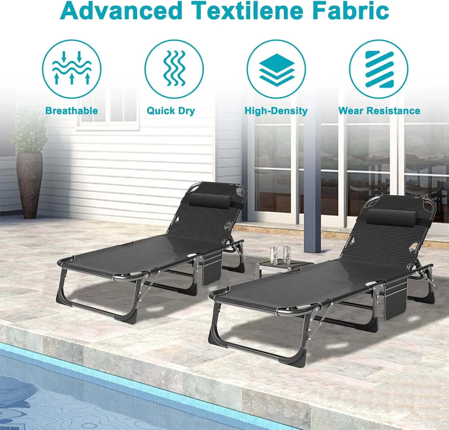 ABORON 5 Positions Camping Cots for Adults,Outdoor Folding Sleeping Cot/Mat,Folding Chaise Lounge Chair with Pillow,Portable Reclining Chair for Beach Lawn Camping Pool,Sunbathing Chairs