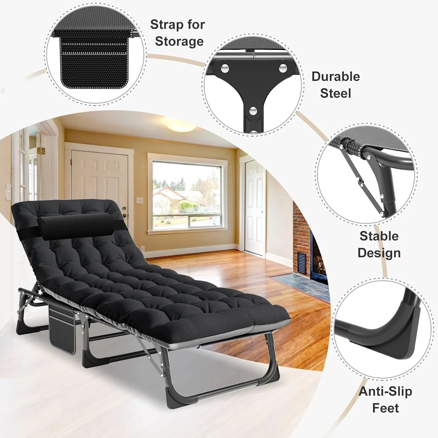 ABORON 5 Positions Camping Cots for Adults,Outdoor Folding Sleeping Cot/Mat,Folding Chaise Lounge Chair with Pillow,Portable Reclining Chair for Beach Lawn Camping Pool,Sunbathing Chairs