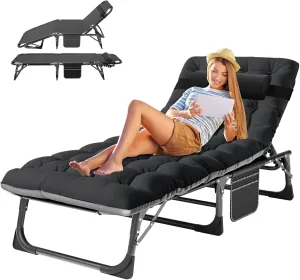 ABORON 5 Positions Camping Cots for Adults,Outdoor Folding Sleeping Cot/Mat,Folding Chaise Lounge Chair with Pillow,Portable Reclining Chair for Beach Lawn Camping Pool,Sunbathing Chairs