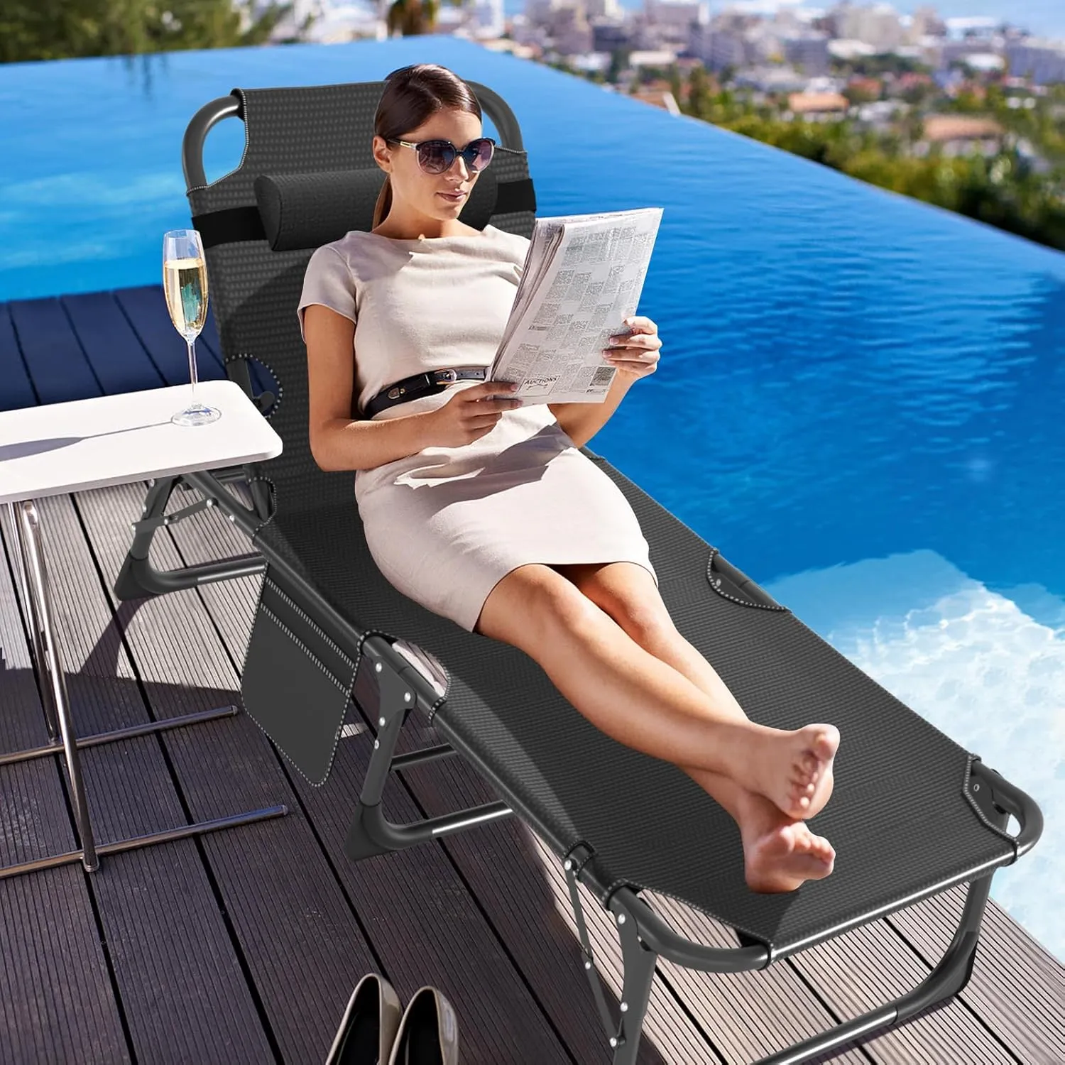 ABORON 5 Positions Camping Cots for Adults,Outdoor Folding Sleeping Cot/Mat,Folding Chaise Lounge Chair with Pillow,Portable Reclining Chair for Beach Lawn Camping Pool,Sunbathing Chairs