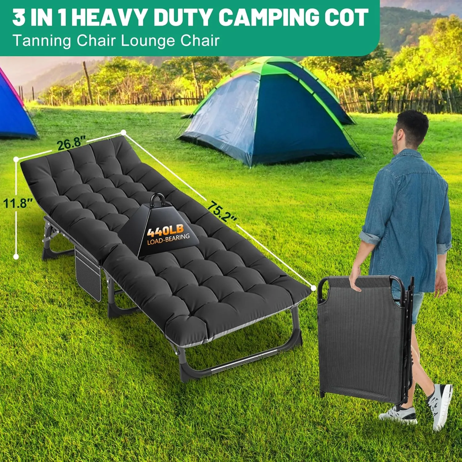 ABORON Folding Camping Cot for Adults, Heavy Duty 3-in-1 Bed for Guest Sleeping, Adjustable Double-Layer 1200D with Mattress & Carrying Bag for Home, Office, Vacation, Hospital Use