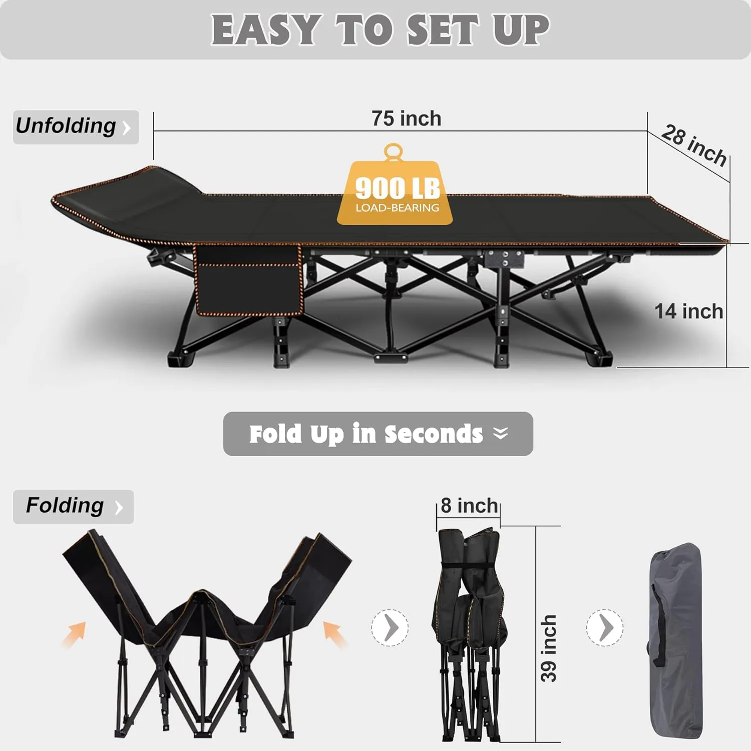 ABORON Folding Camping Cot W/Mat for Adults, Heavy Duty Outdoor Bed with Carry Bag,1200 D Layer Oxford Travel Camp Cots