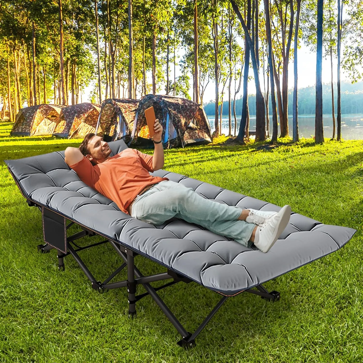 ABORON Folding Camping Cots for Adults, Double Layer 1200D Cot for Sleeping, Heavy Duty Guest Bed with Mattress Carrying Bag Home Camping Office Vacation Hospital
