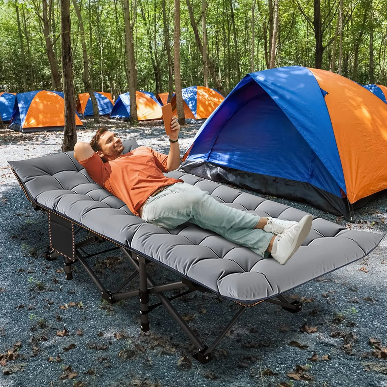ABORON Folding Camping Cots for Adults, Double Layer 1200D Cot for Sleeping, Heavy Duty Guest Bed with Mattress Carrying Bag Home Camping Office Vacation Hospital
