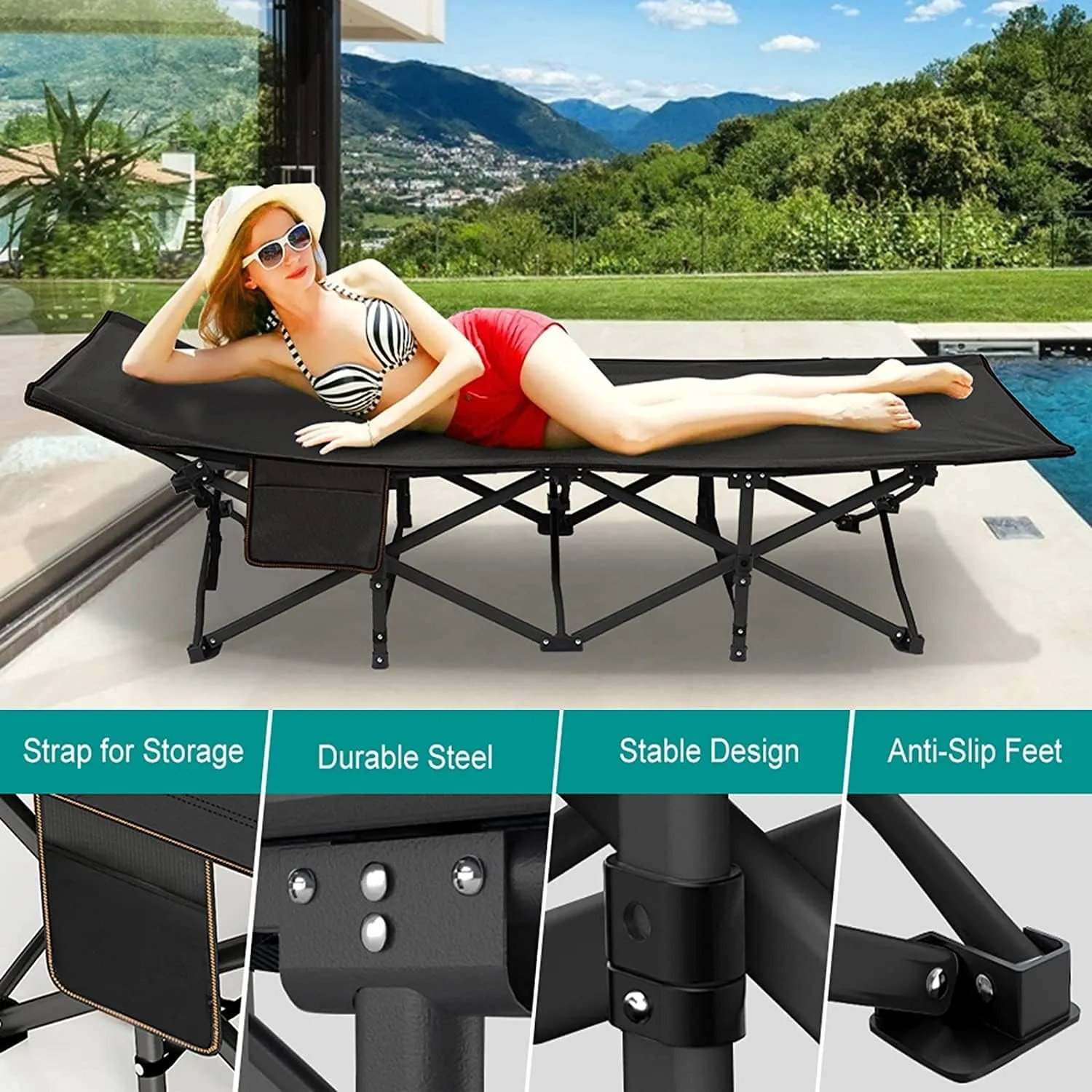 ABORON Folding Camping Cots for Adults, Double Layer 1200D Cot for Sleeping, Heavy Duty Guest Bed with Mattress Carrying Bag Home Camping Office Vacation Hospital