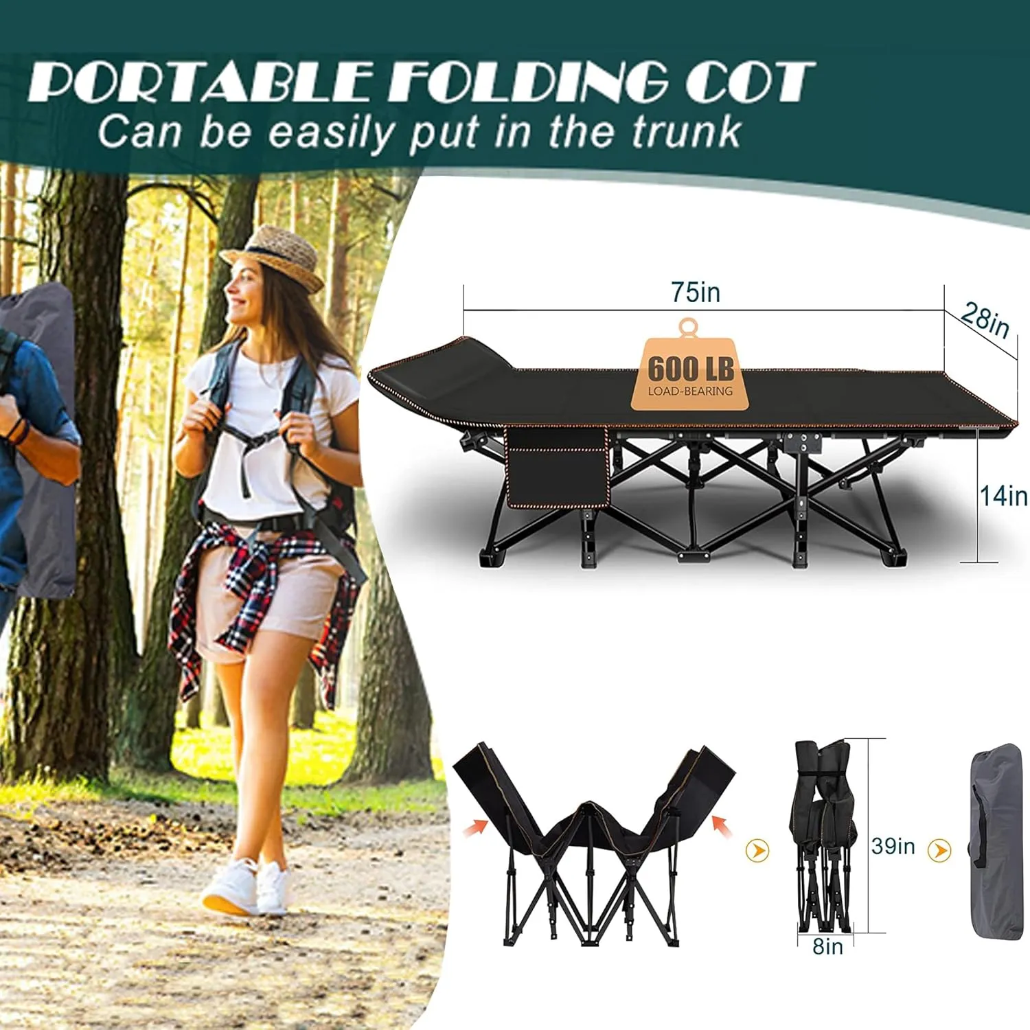 ABORON Folding Camping Cots for Adults, Double Layer 1200D Cot for Sleeping, Heavy Duty Guest Bed with Mattress Carrying Bag Home Camping Office Vacation Hospital