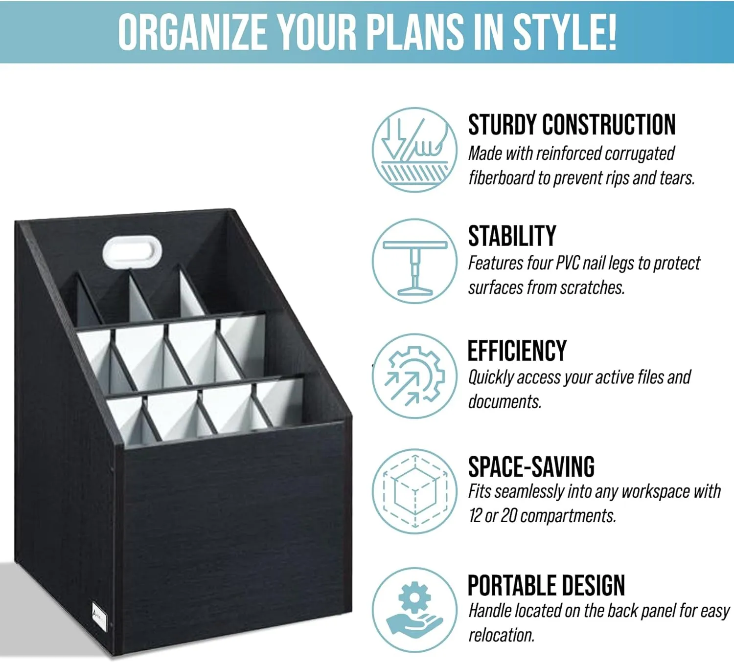 Adir Blue Print Storage Organizer Cart - Wooden Plan and Blueprint Storage Box, Poster Storage Cabinet, Map Storage Cart and Construction Plan Holder in Black