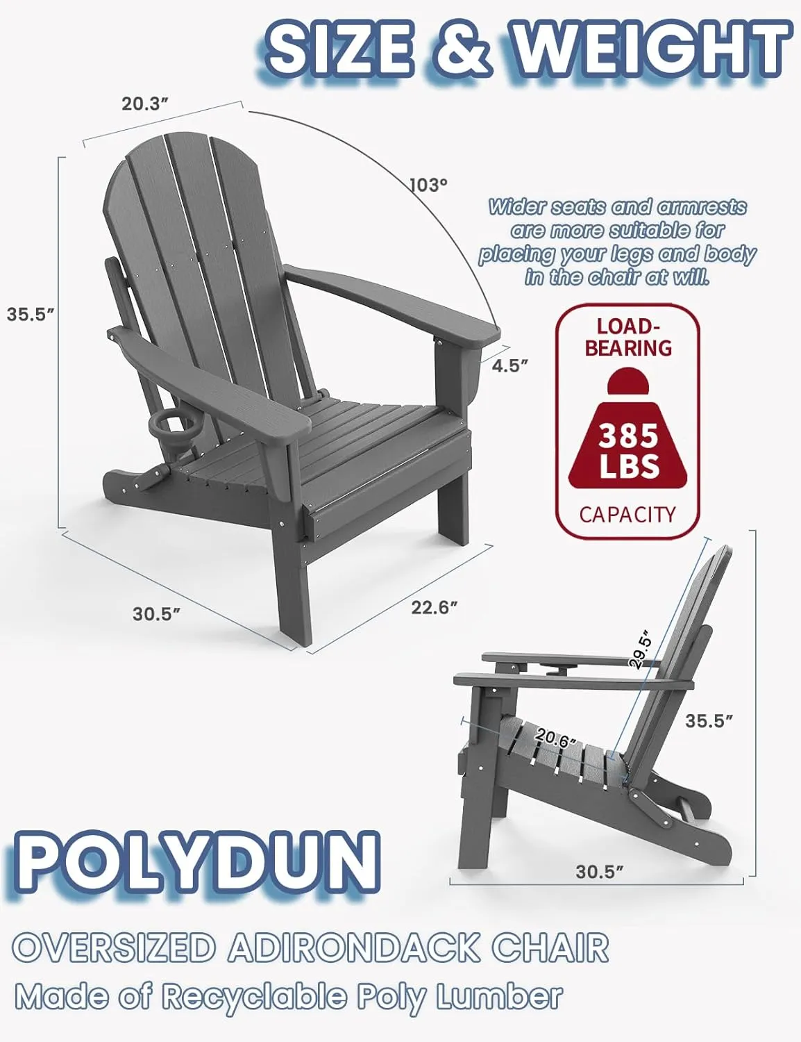 Adirondack Chair with Cup Holder, Folding HDPE Patio Chairs, Outdoor Plastic Fire Pit Chair, Wood Texture, Lawn Chairs for Deck, Porch, Backyard, Garden, Slate Gray