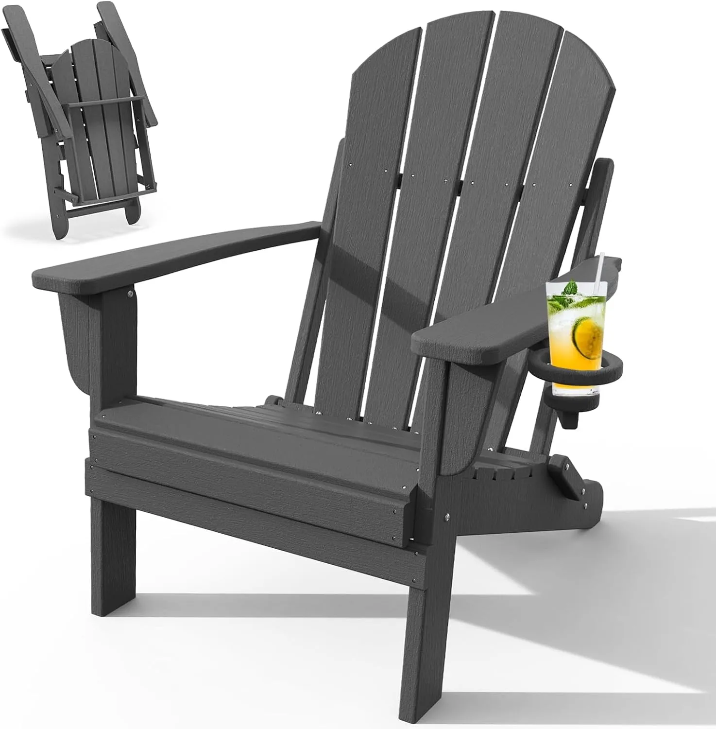 Adirondack Chair with Cup Holder, Folding HDPE Patio Chairs, Outdoor Plastic Fire Pit Chair, Wood Texture, Lawn Chairs for Deck, Porch, Backyard, Garden, Slate Gray