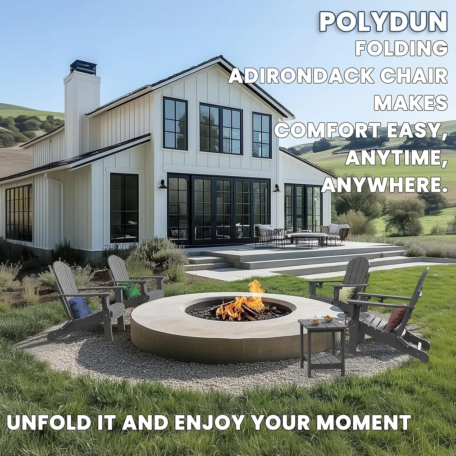 Adirondack Chair with Cup Holder, Folding HDPE Patio Chairs, Outdoor Plastic Fire Pit Chair, Wood Texture, Lawn Chairs for Deck, Porch, Backyard, Garden, Slate Gray