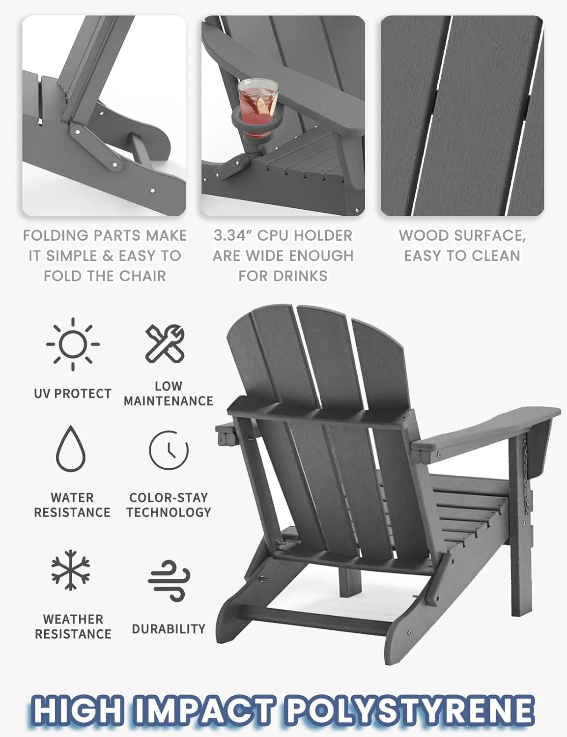 Adirondack Chair with Cup Holder, Folding HDPE Patio Chairs, Outdoor Plastic Fire Pit Chair, Wood Texture, Lawn Chairs for Deck, Porch, Backyard, Garden, Slate Gray