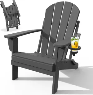 Adirondack Chair with Cup Holder, Folding HDPE Patio Chairs, Outdoor Plastic Fire Pit Chair, Wood Texture, Lawn Chairs for Deck, Porch, Backyard, Garden, Slate Gray