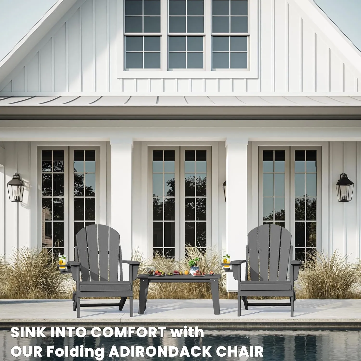 Adirondack Chair with Cup Holder, Folding HDPE Patio Chairs, Outdoor Plastic Fire Pit Chair, Wood Texture, Lawn Chairs for Deck, Porch, Backyard, Garden, Slate Gray